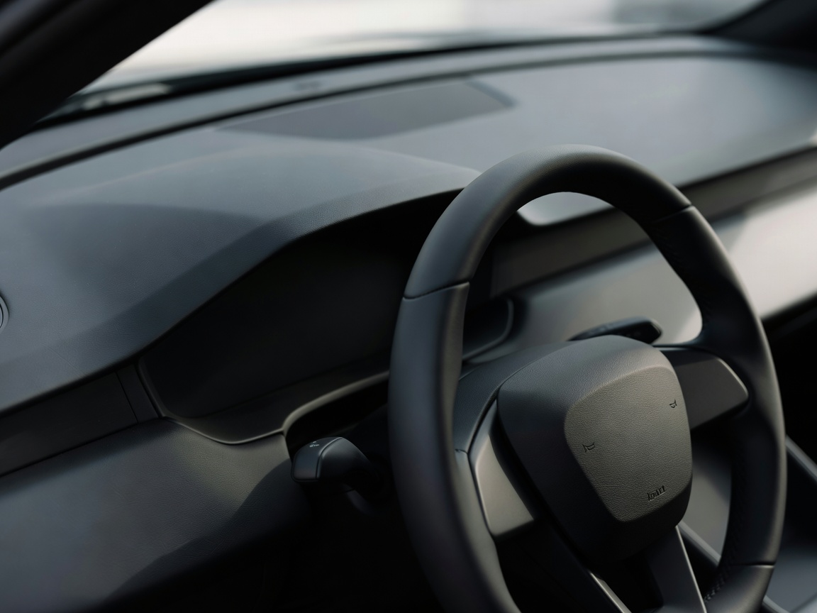 Beautifully clean, minimal modern leather dashboard and steering wheel looking dust-free