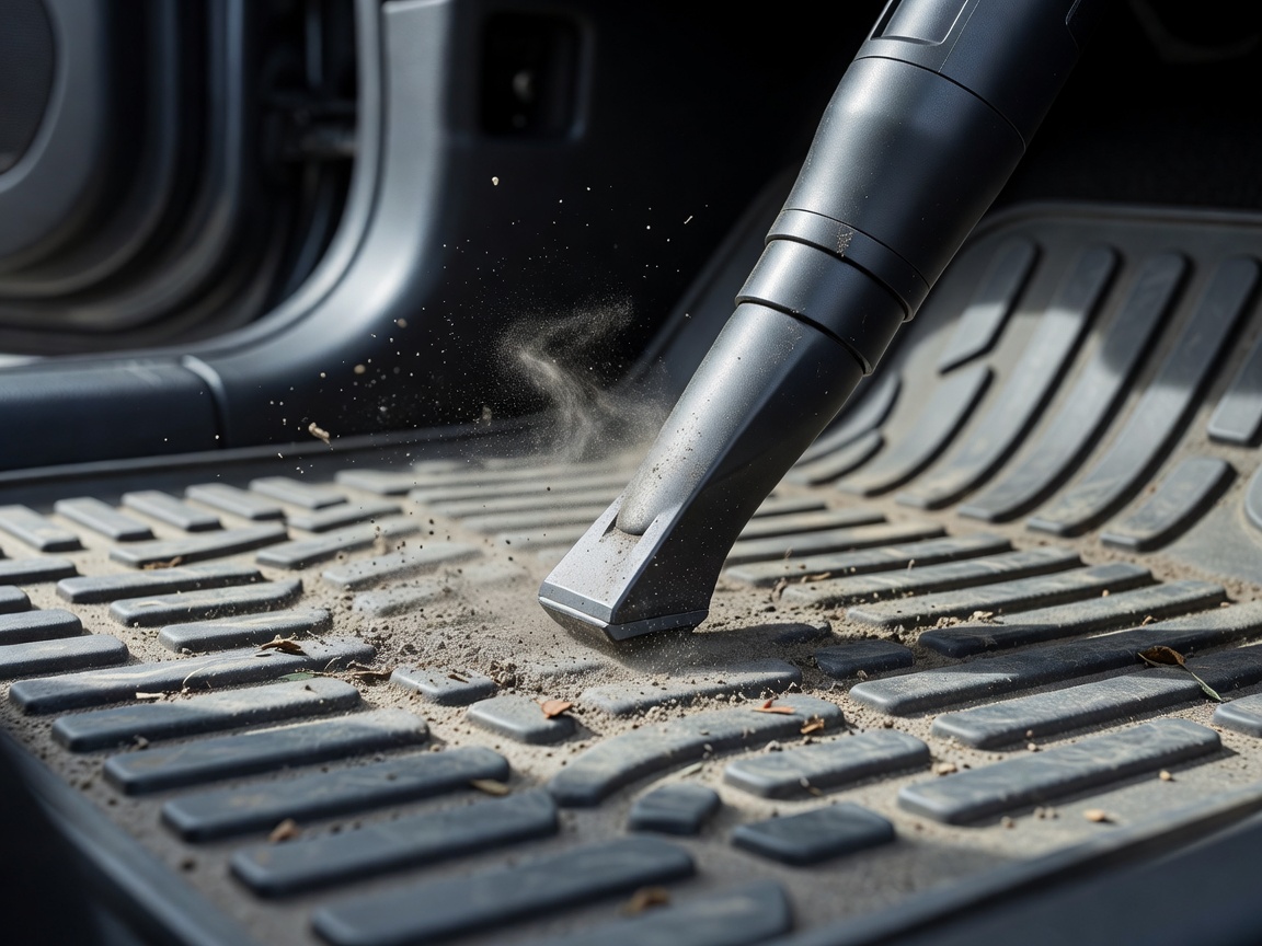 Close-up of a high-powered vacuum nozzle extracting dirt from grey car mats