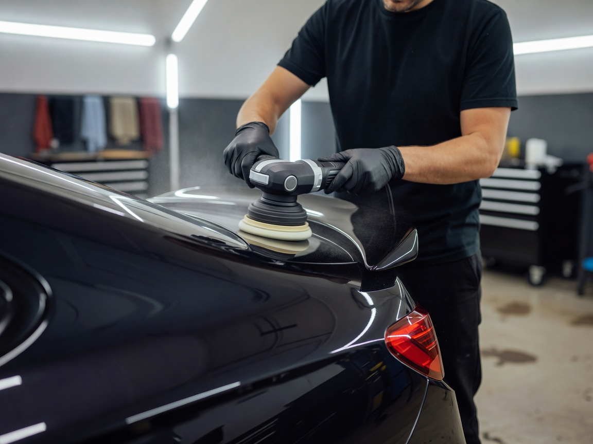 Detailer wearing gloves holding a dual action polishing machine polishing a dark car door