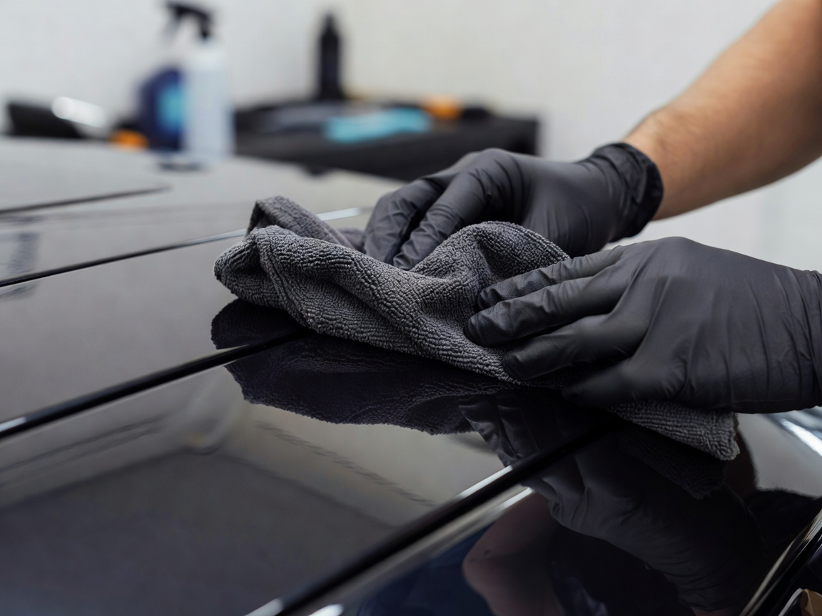 Professional detailer inspecting vehicle paintwork under high density LED lights inside a clean workspace