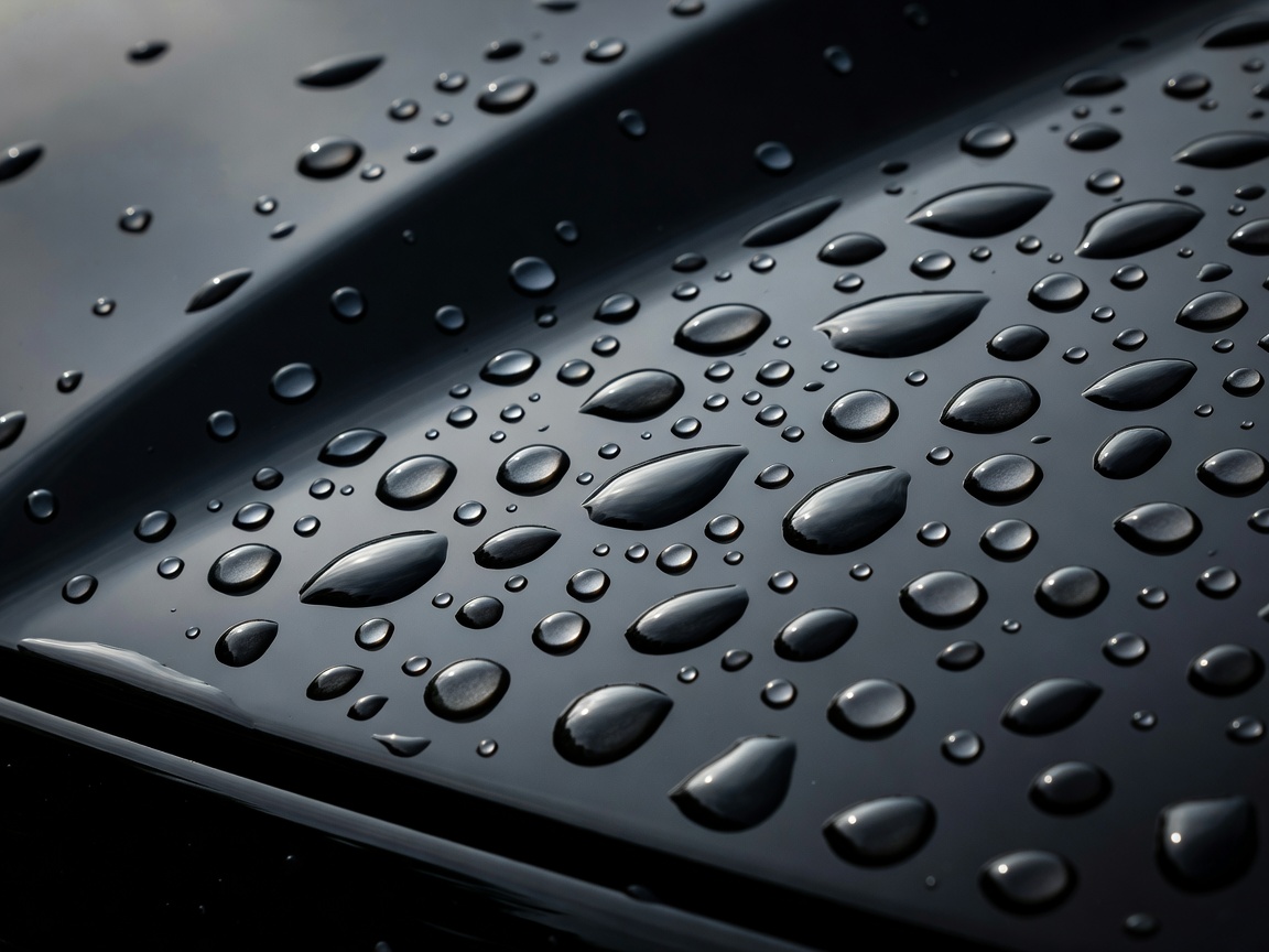Water droplets bead perfectly on a highly glossy ceramic-coated sports car bonnet