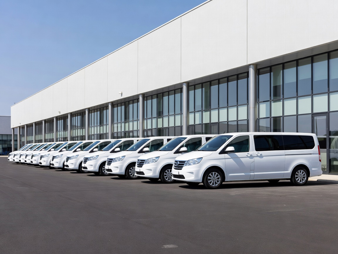 Row of clean identical company fleet cars parked neatly outdoors