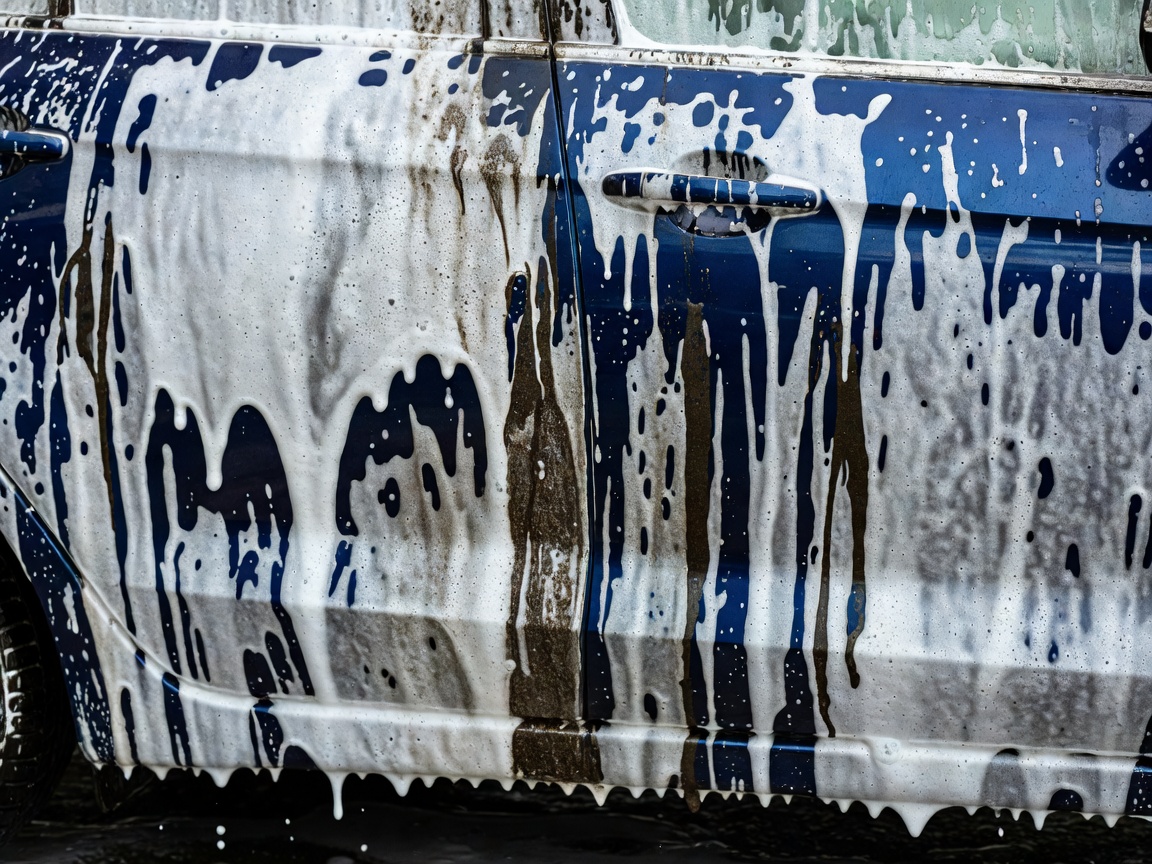 Detailer applying thick snow foam pre-wash to a dark blue vehicle under bright indoor lights